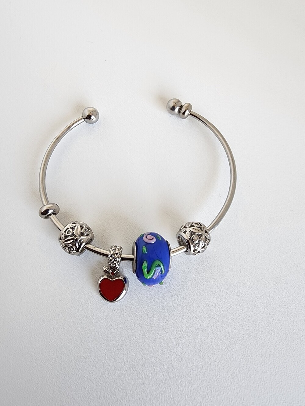 Silver Plated  Bangle Bracelet Blue Murano Glass Heart Charm Removable Charms